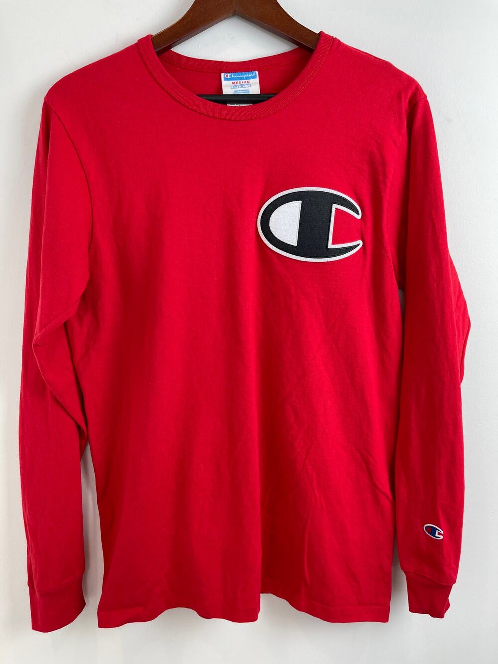 Vintage Champion Large Logo Long Sleeve Tshirt Red Medium